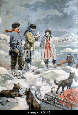 Vous pouvez chercher la Andree expédition de 1897 qui a tenté d'atteindre le Pôle Nord en ballon. Tous les membres de l'expédition ont péri. Le corps de Salomon August Andrée trouvés en 1930. Ici le capitaine de l' "whaler Thistle est montré l'ody de l'un des pigeons voyageurs Andree avait pris avec lui. 4 septembre 1898 à partir de 'Le Petit Journal' Paris Banque D'Images