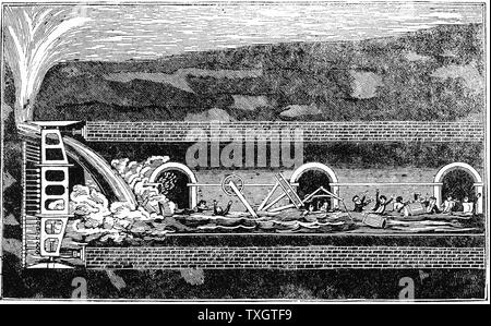 Briser l'eau pendant l'excavation de Thames Tunnel, 12 janvier 1828. À cette occasion, 6 hommes tués, et Marc Isambart Brunel , ingénieur, a été entre autres dans les rouages de l'époque qui a échappé à leur vie. Gravure sur bois, Londres, 1836 Banque D'Images