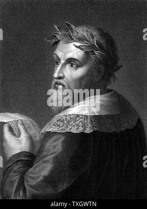 Ludovico Ariosto (1474-1533) poète italien ; auteur de la poésie épique "Orlando Furioso" (1516) Gravure Portrait lui montrant le port de couronne de laurier Banque D'Images