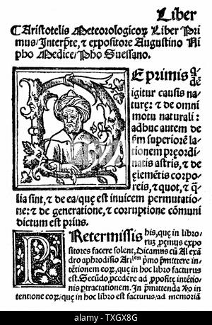 Aristote (384-322 avant J.-C.) le grec ancien philosophe et scientifique Première page initiale et portrait de Agostini autonome" Meteorologicis Commetaria "Aristotelis' Aristote considéré comme comètes d'être des phénomènes météorologiques 1531 Venice Banque D'Images