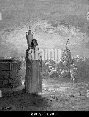 Jacob, en gardant les troupeaux de Laban, Rachel voit bien à la Genèse 29. De Gustave Dore's illustrated "Bible" en 1866 gravure sur bois Banque D'Images