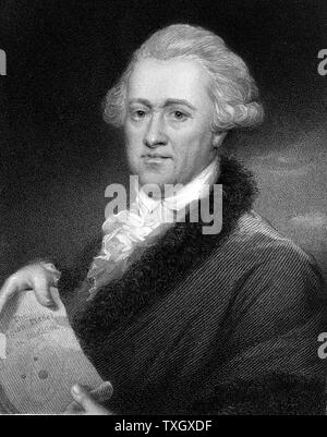 William Herschel (1738-1822) astronome anglais d'origine allemande, illustré schéma holding d'Uranus et ses satellites. Première planète découverte depuis l'antiquité après gravure pastel de John Russell Banque D'Images