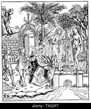 Adam et Eve, tentés par le Serpent, manger de l'arbre de la connaissance et sont expulsés du jardin d'Eden par l'Ange de l'Éternel. 1493 Gravure sur bois de Hartmann Schedel 'Liber Chronicarum mundi' (Chronique de Nuremberg Nuremberg) Banque D'Images