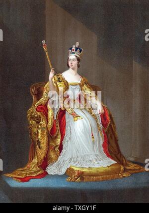 La reine Victoria (1819-1901) reine de France à partir de 1837, l'Impératrice de l'Inde de 1876, couronné en 1838. Victoria le trône à coronation robes portant couronne et sceptre holding Oleograph Banque D'Images
