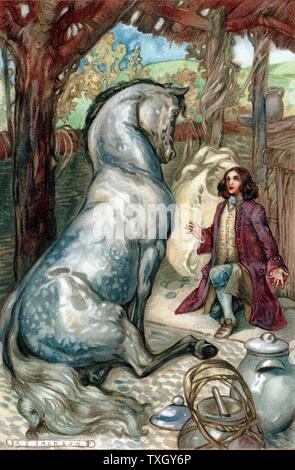 Lemuel Gulliver, mis à terre après une mutinerie, se trouve lui-même en royaume de l'Houyhnhns. Il traite de l'humanité avec son maître. Chromolithographie de édition de Jonathan Swift 'les voyages de Gulliver' ('voyages dans plusieurs pays du monde, en quatre parties, par Lemuel Gulliver..') 1911 publié pour la première fois New York 1726 Banque D'Images