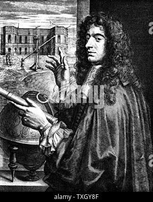 Jean Dominique Cassini (1625-1712) astronome français d'origine italienne. En arrière-plan est l'Observatoire de Paris qui Cassini réalisé depuis de nombreuses années Gravure Banque D'Images