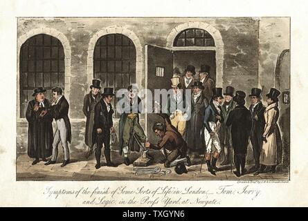 Tom, Jerry et logique dans la presse, la Cour de la prison de Newgate, Londres, regarder des chaînes étant enlevé, tout en clergyman, gauche, attend pour accompagner la culpabilité d'échafaudage. Illustration par IR&G Cruickshank pour Pierce Egan 'Vie' à Londres, 1821. L'aquatinte Banque D'Images