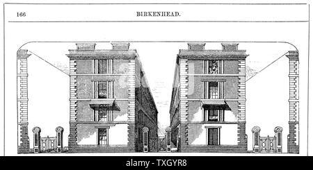 Logements à loyer workmen's construit par Birkenhead Dock Co. c1844 : Architecte CE Lang. Bloc d'Élévation montrant de 3 maisons '" de 4 étages, chacune divisée en 2 logements de 2 chambres, salon, salle d'eau/buanderie. La gravure sur bois c1860 Banque D'Images