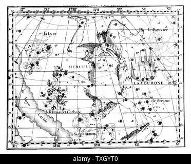 Constellation d'Hercule (Héraclès / Héraclès) : partie de la Voie lactée est montré sur la droite de l'image. Les juges de Fortin 'Atlas Coelestis de Flamsteed', Paris 1775. La gravure sur cuivre Banque D'Images