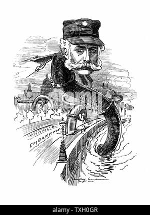 Joseph Bazalgette (1819-91) Ingénieur civil anglais ; l'ingénierie de la santé publique ; région métropolitaine (Londres) ; système de drainage principal Thames Embankment. Caricature dans la série de portraits de fantaisie par Edward Linley Sambourne de 'Punch' London 1883 Le montrant sortant de la Tamise avec corps en serpentine de tuyau. Gravure Banque D'Images