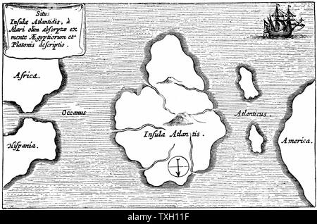 L'île légendaire de l'Atlantide décrite par Platon et lui dit de se coucher juste au-delà les colonnes d'Hercule (Gibraltar et le Mont Hacho). Description après la gravure par Athanase Kircher (1602-1680), prêtre jésuite et scientifique allemand Banque D'Images