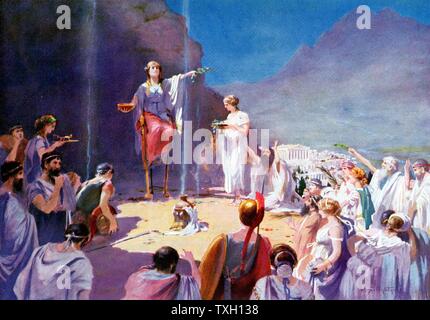 "Consultation de l'oracle de Delphes' après la peinture du 19e siècle. Prêtresse du temple d'Apollon à Delphes (maintenant Delphos Kastri), connu sous le nom de Pythie, plus célèbre oracle de la Grèce antique. Poste occupé par une femme célibataire de plus de 50 ans dont les paroles ont été livrés à supplicant dans souvent ambigus vers par des prêtres. Supprimé par Théodose 4ème ANNONCE de siècle. Grecs considérés comme Delphi au pied du Mont Parnasse à nombril du monde Banque D'Images