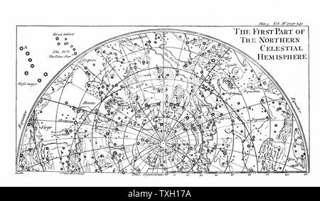 Première partie de la carte des étoiles de l'hémisphère céleste nord montrant des constellations. Gravure de 1747 Banque D'Images