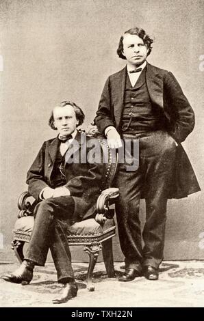 Johannes Brahms (1833-1897) compositeur allemand, assis, avec Joseph Joachim (1831-1907) violoniste et compositeur hongrois, et directeur de l'conservatoire de Berlin. À partir d'une photo de Demi-teintes. Banque D'Images