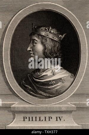 Philippe IV, le Bel (1268-1314) membre de la dynastie capétienne, roi de France de 1285. Il a forcé le pape Clément V pour dissoudre les Templiers, et de leurs biens (1314). La gravure sur cuivre, 1793. Banque D'Images