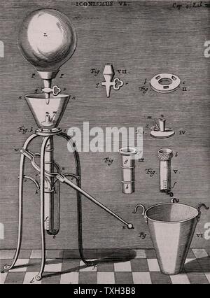 L'amélioration de l'Otto von Guericke sur Robert Boyle's pompe à air. À partir de 'Experimenta Nova' par Otto von Guericke (Amsterdam, 1672). Gravure Banque D'Images