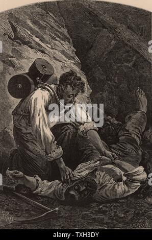 Sauvetage d'un mineur après un pit-catastrophe. Le sauveteur est l'utilisation de l'appareil respiratoire. Rouquayrol À partir de la 'vie souterraine ; ou, des Mines et des mineurs" par Louis Simonin (Londres, 1869). La gravure sur bois. Banque D'Images