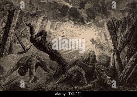 Explosion de méthane (grisou) dans une mine. À partir de la 'vie souterraine ; ou, des Mines et des mineurs" par Louis Simonin (Londres, 1869). La gravure sur bois. L'exploitation minière. Le charbon. Banque D'Images