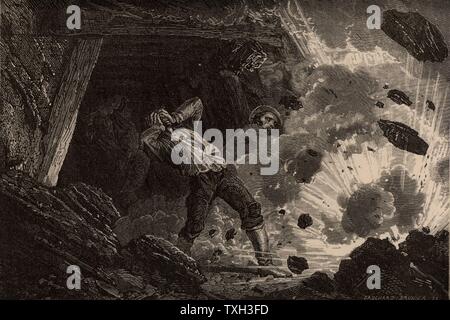 Explosion de méthane (grisou) dans une mine. À partir de 'Le Journal de la Jeunesse" (Paris 1885). La gravure sur bois. Banque D'Images