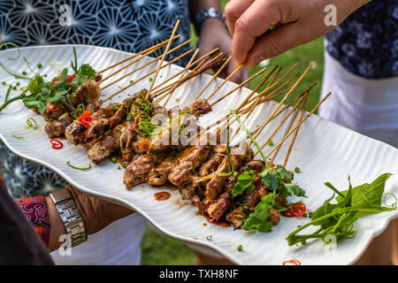 Sate ayam, grillades de viande de poulet sur des brochettes en bois servi avec le sambal kacang, sauce aux cacahuètes. En tenant les mains les brochettes. La cuisine indonésienne. Banque D'Images