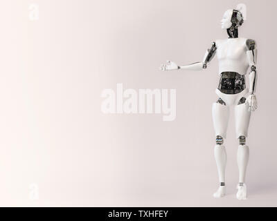 Le rendu 3D d'un robot de sexe masculin faisant une présentation, tenant son bras comme il est présenter ou montrant quelque chose. Fond gris avec copyspace pour Banque D'Images