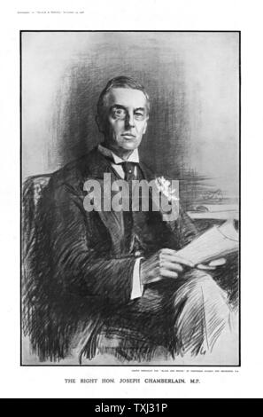 1906 magazine noir et blanc/la page déclaration député britannique Joseph Chamberlain Banque D'Images