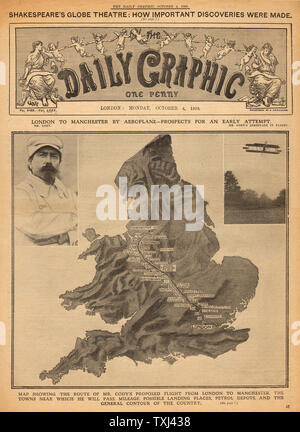 1909 Daily Graphic front page Pioneer aviator Samuel Cody et vol de Londres à Manchester Banque D'Images