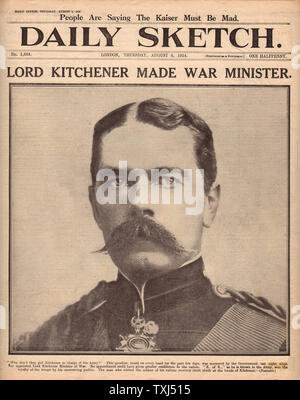 1914 Daily Sketch page de Lord Kitchener fait ministre de la guerre Banque D'Images