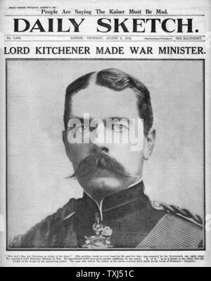 1914 Daily Sketch page de Lord Kitchener fait ministre de la guerre Banque D'Images