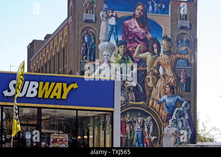 Restaurant Subway et la 'common threads' fresque à Philadelphie, PA, USA Banque D'Images