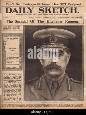 1915 Daily Sketch page de Lord Kitchener et le scandale du Shell Banque D'Images