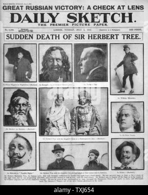 1917 Daily Sketch page de rapport sur le décès d'un acteur Sir Herbert Tree Banque D'Images