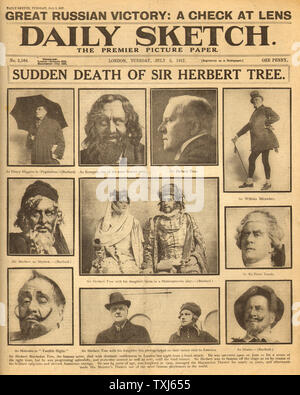 1917 Daily Sketch page de rapport sur le décès d'un acteur Sir Herbert Tree Banque D'Images