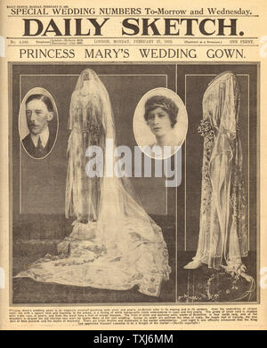 1922 Daily Sketch/la page déclaration Princess Mary's nuptiale de robe de mariage royal au vicomte Lascelles Banque D'Images