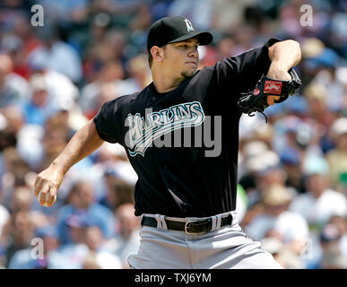 Pichet Florida Marlins Josh Johnson offre au cours de la première manche contre les Cubs de Chicago au Wrigley Field de Chicago le 25 juillet 2008. (Photo d'UPI/Brian Kersey) Banque D'Images