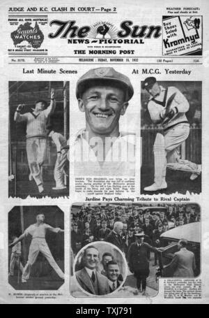 1932 Le Soleil (Melbourne, Australie) front page Cricket rapports Don Bradman Banque D'Images