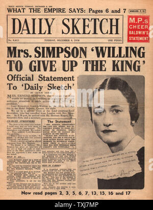 1936 Daily Sketch page d'Abdication Crise et Mme Wallis Simpson Banque D'Images