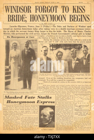 1937 Daily News (New York) page 3 Duc de Windsor épouse Wallis Simpson en France Banque D'Images