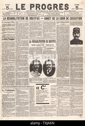 1906 Journal Le Progres page avant procès de Dreyfus Banque D'Images