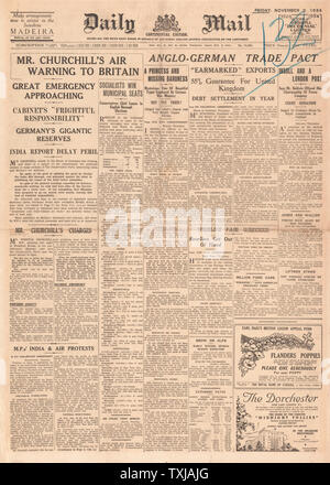 1934 journal Daily Mail front page Churchill met en garde contre la supériorité aérienne allemande Banque D'Images