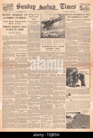 1948 Sunday Times newspaper front page le Mahatma Gandhi assassiné Banque D'Images