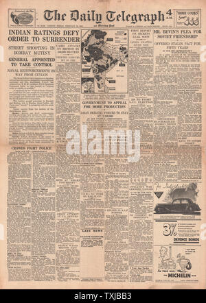 1946 Daily Telegraph page avant les émeutes de Bombay Banque D'Images