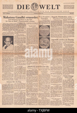 1948 Die Welt (Allemagne) première page de journal le Mahatma Gandhi assassiné Banque D'Images