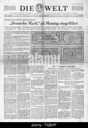 1948 journal Die Welt front page Introduction du Deutsche Mark Banque D'Images