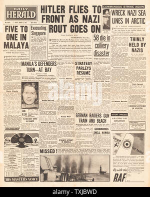 1942 front page Daily Herald Hitler vole à front russe, Bataille pour Manille,catastrophe minière à Sneyd Colliery et des commandos britanniques les îles Lofoten Banque D'Images