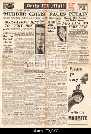 1942 front page Daily Mail Yves Paringaux assassiné dans la France de Vichy, première défaite de l'armée japonaise souffrent en Philippines mais l'avance en Malaisie Banque D'Images