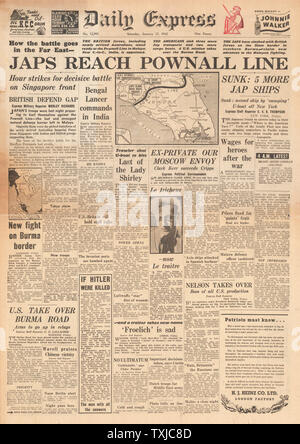 1942 front page Daily Express Bataille pour Singapour Banque D'Images