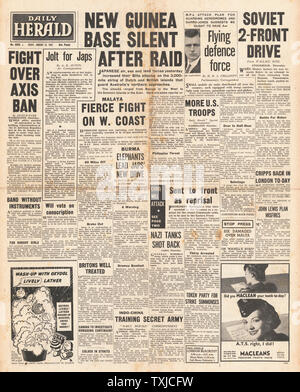 1942 front page Daily Herald les forces japonaises attaquent Bornéo, Nouvelle Guinée et les Îles Salomon Banque D'Images