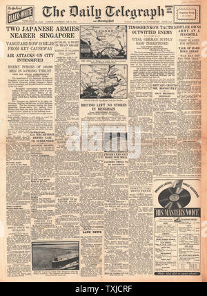 1942 front page Daily Telegraph l'avance de l'armée japonaise sur Singapour Banque D'Images