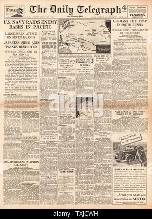 1942 front page Daily Telegraph U.S. Navy bombarde îles des Mers du Sud Banque D'Images